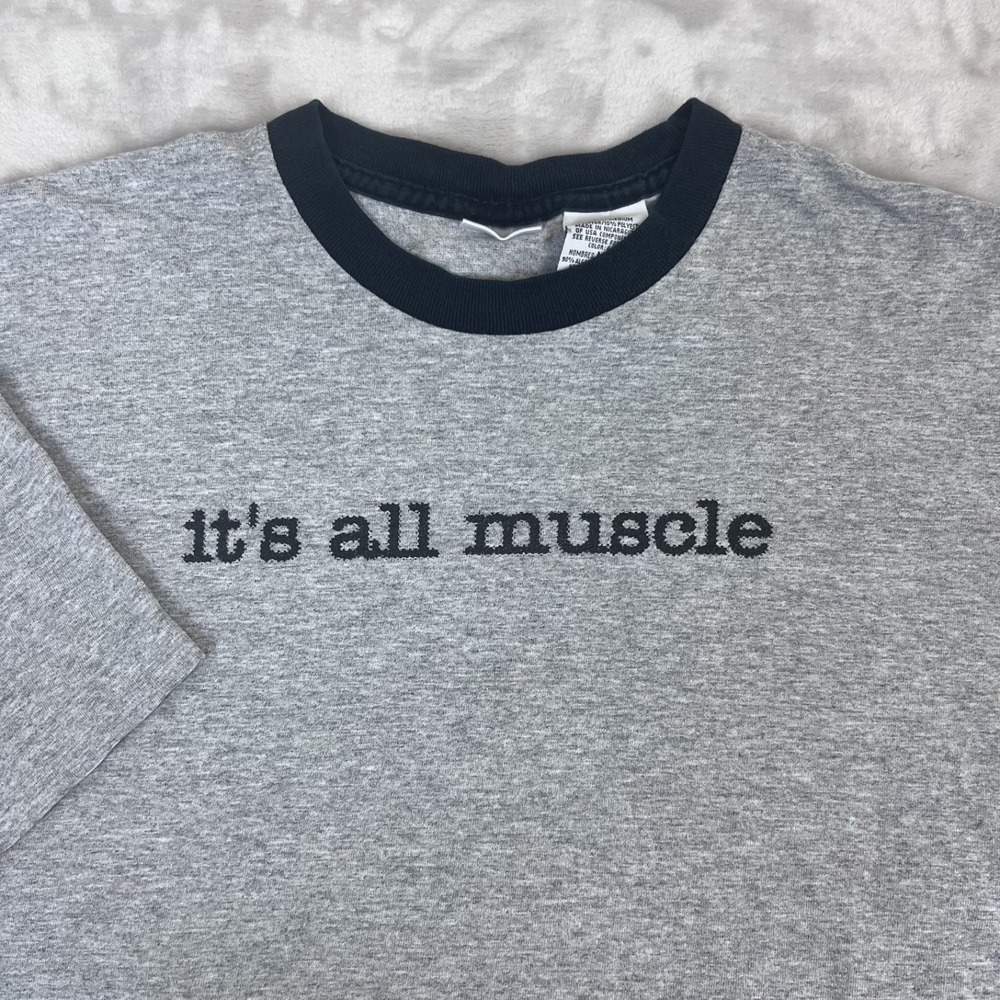 Vintage Y2K Its All Muscle Shirt Mens Medium Gray Ringer Funny Gym Grunge 90s